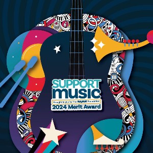 Graphic of a guitar with the words - 2024 Support Music Best Communities for Music Education Award